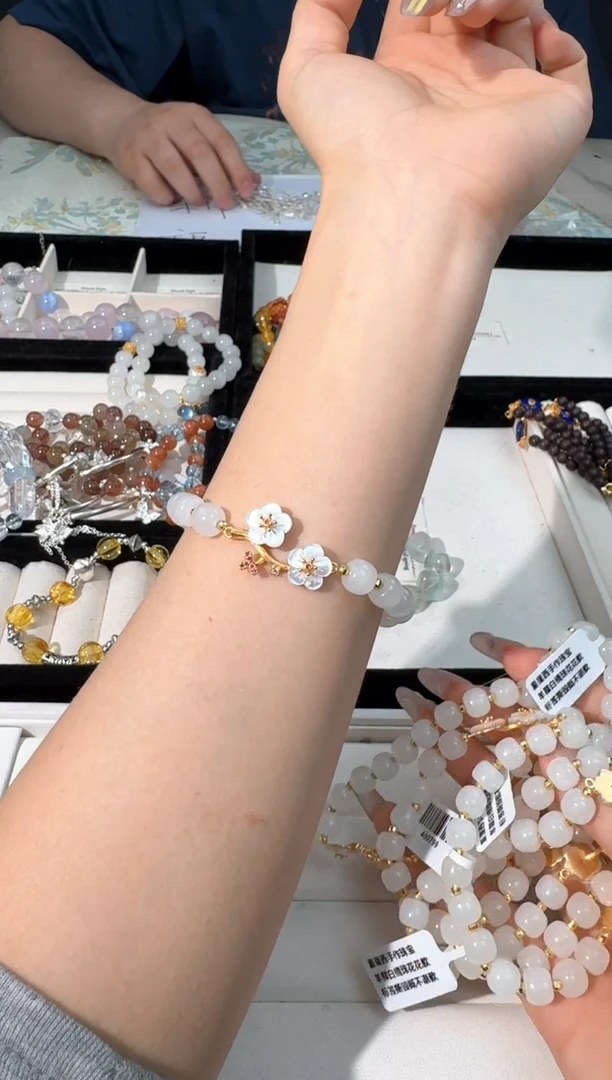 手链银S925镶嵌和田玉I074羊脂白桶珠花花乱