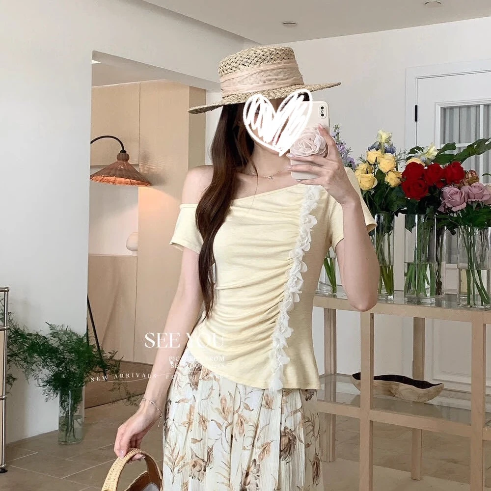 法式斜领露肩短袖t恤女2025夏季新款甜美气质收腰蝴蝶结上衣