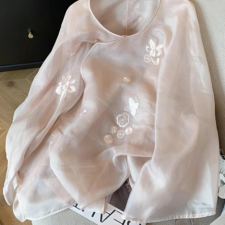 【001-200】夏季设计感盘扣宽松雪纺衬衫女小衫显瘦上衣