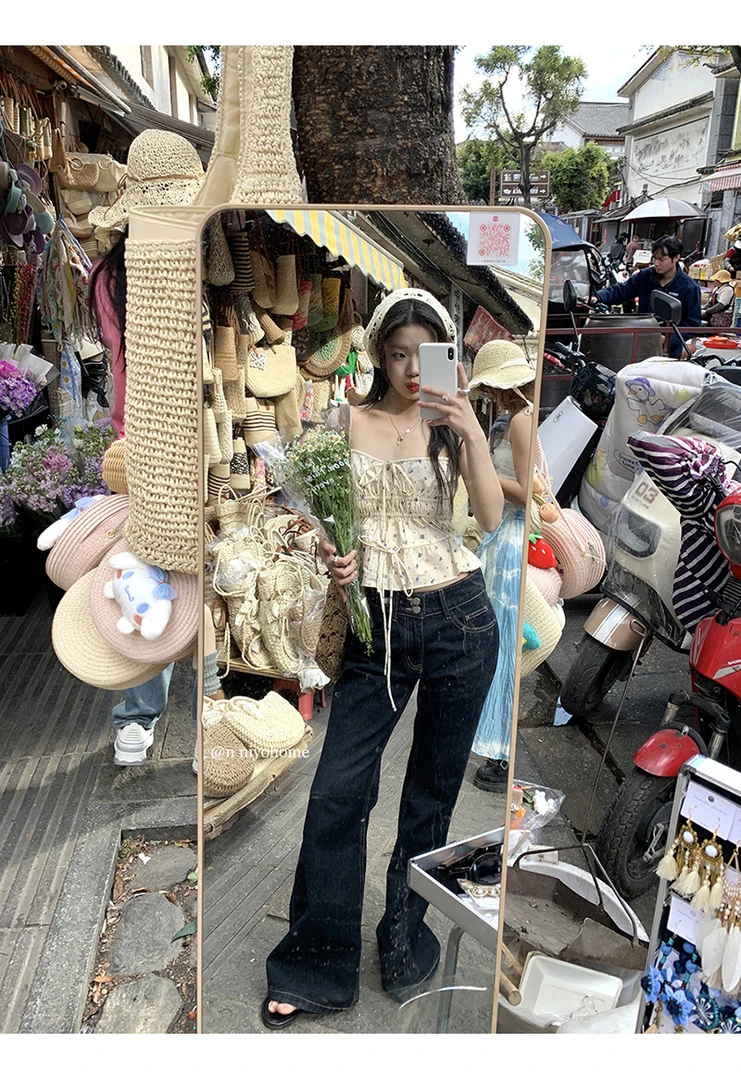 小仙倪子春夏百搭直筒简约水系长裤韩系微喇裤牛仔裤H1202#