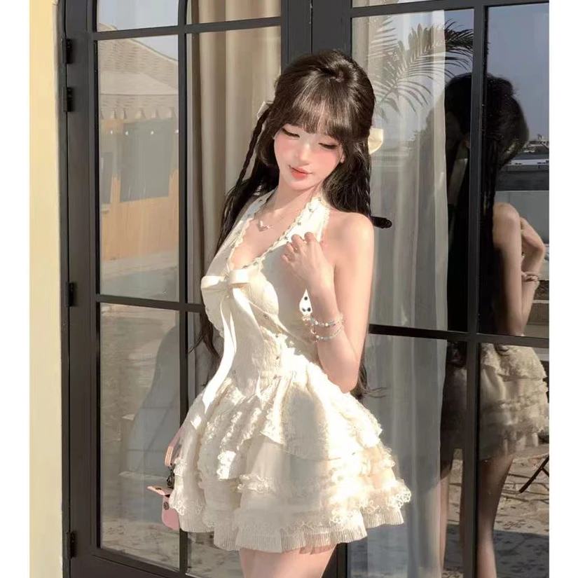 大码春季纯欲风减龄V领新款挂脖连衣裙10782