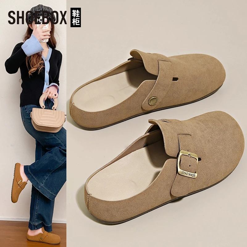 SHOEBOX鞋柜平底复古勃肯鞋女2025新款夏季一脚蹬懒人包头拖鞋