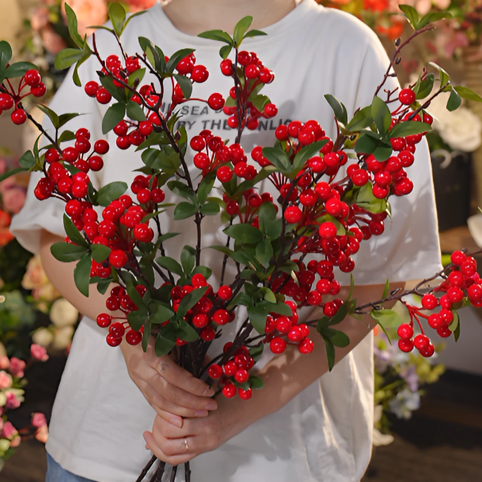冬青果 大支 仿真花 多头带叶冬青 客厅花 餐桌花 发财果红果