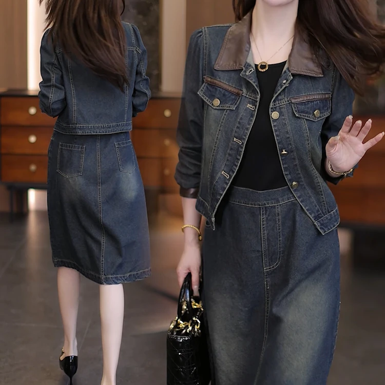 时尚牛仔套装女2025春季新款复古网红牛仔短外套拼接连衣两件套潮