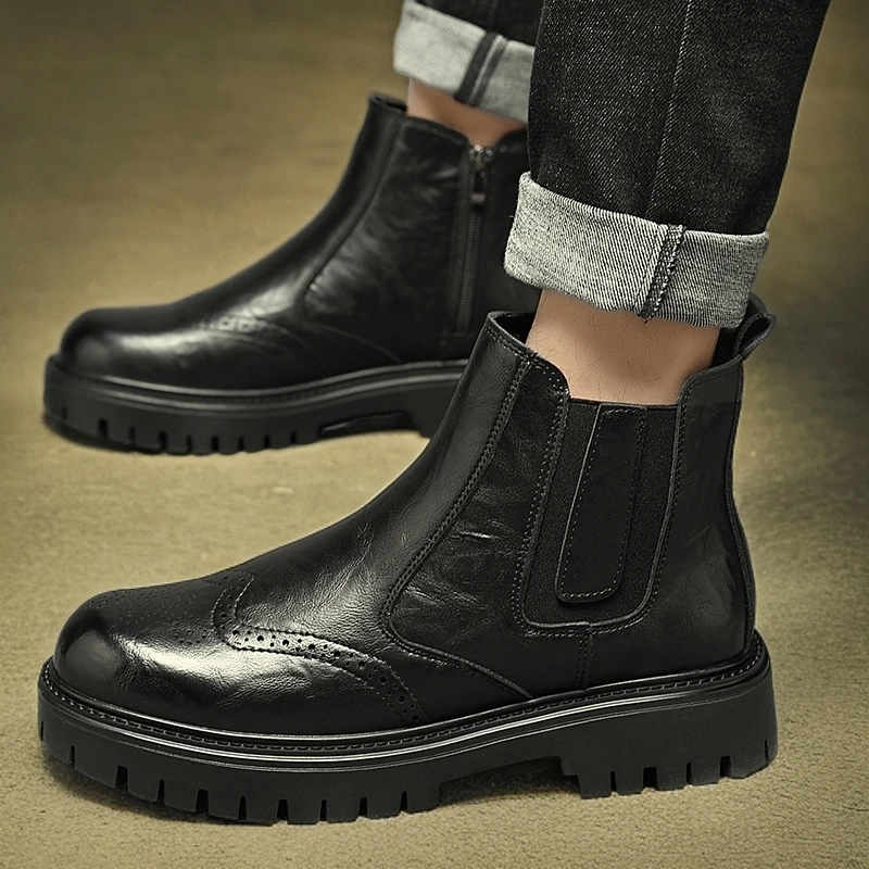 3173真皮切尔西靴男款英伦一脚蹬马丁靴厚底增高短靴加绒高帮皮鞋