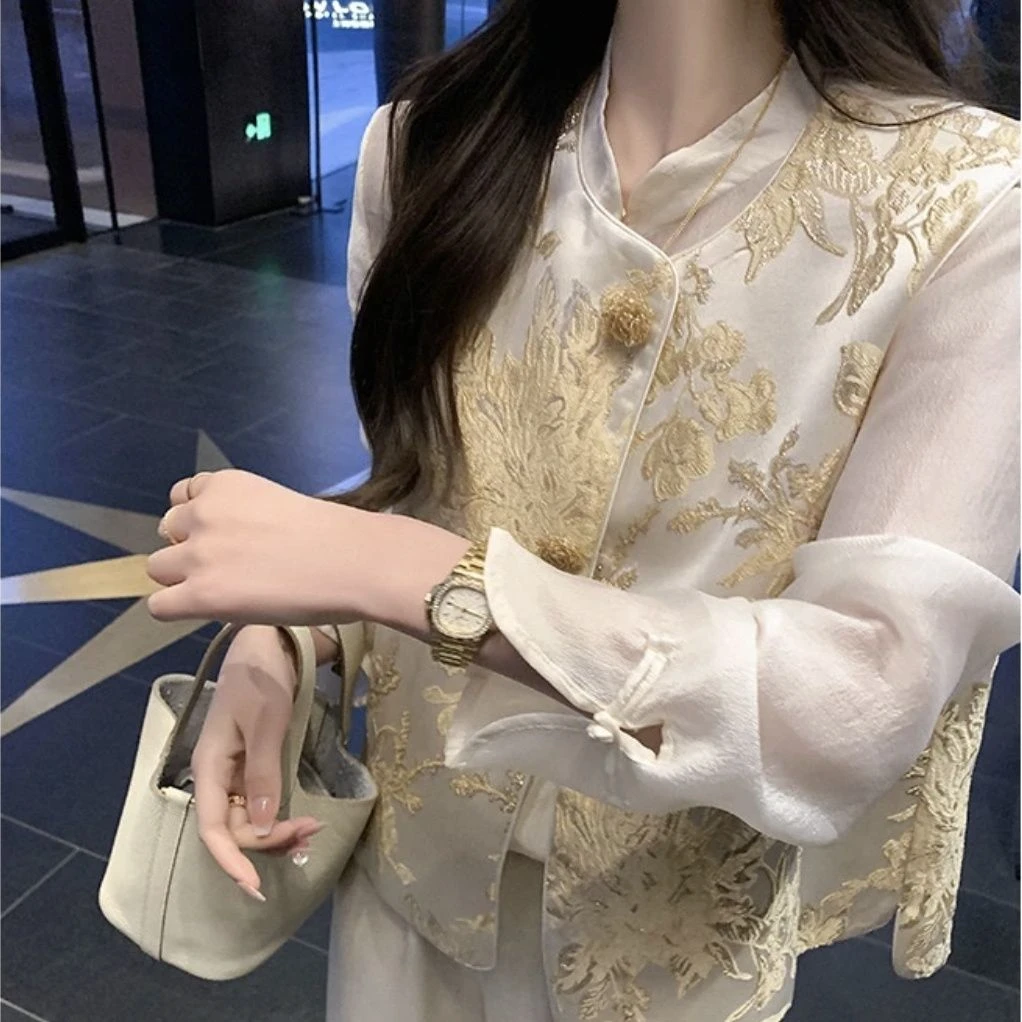 繁花新中式国风提花盘扣背心马甲女2025百搭气质春款无袖坎肩夹克