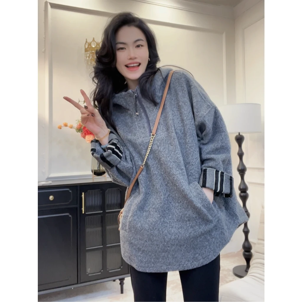 【东大门毛呢连帽卫衣】冬季加厚半拉链雪花绒连帽毛呢中长款卫衣