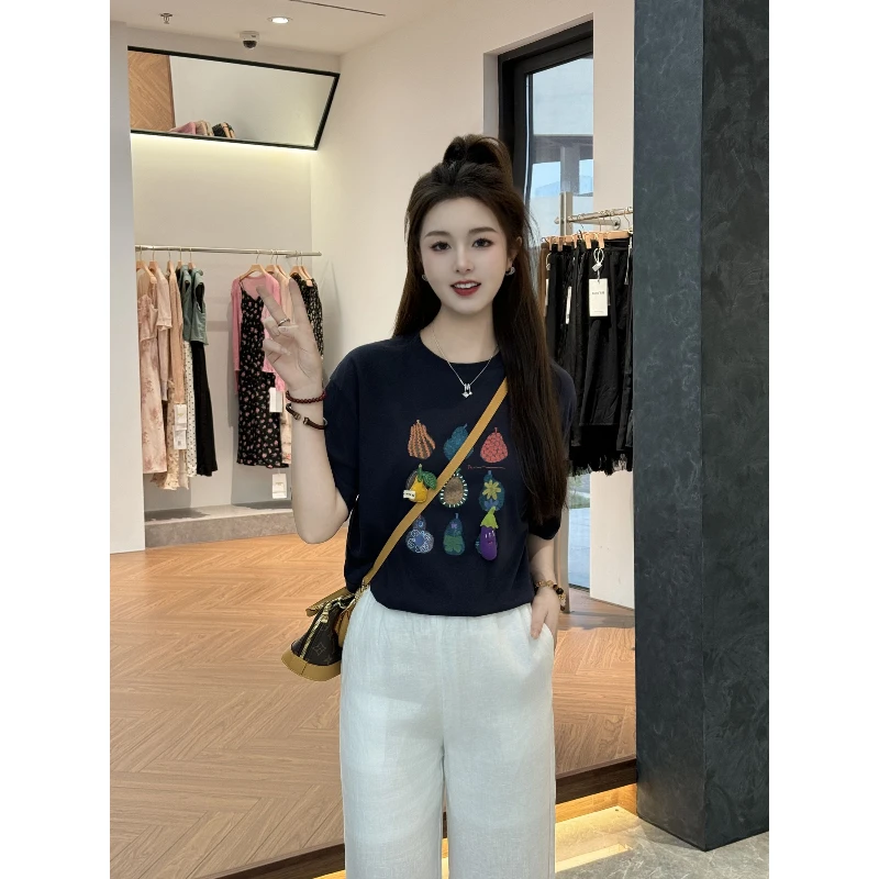 宿慕SUMU夏季设计感短袖T恤2025新款5-25百搭宽松舒适上衣1206