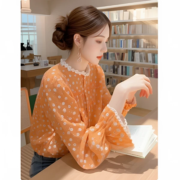 橘色碎花衬衫春款2025新款女装法式多巴胺上衣独特好看蕾丝边小衫
