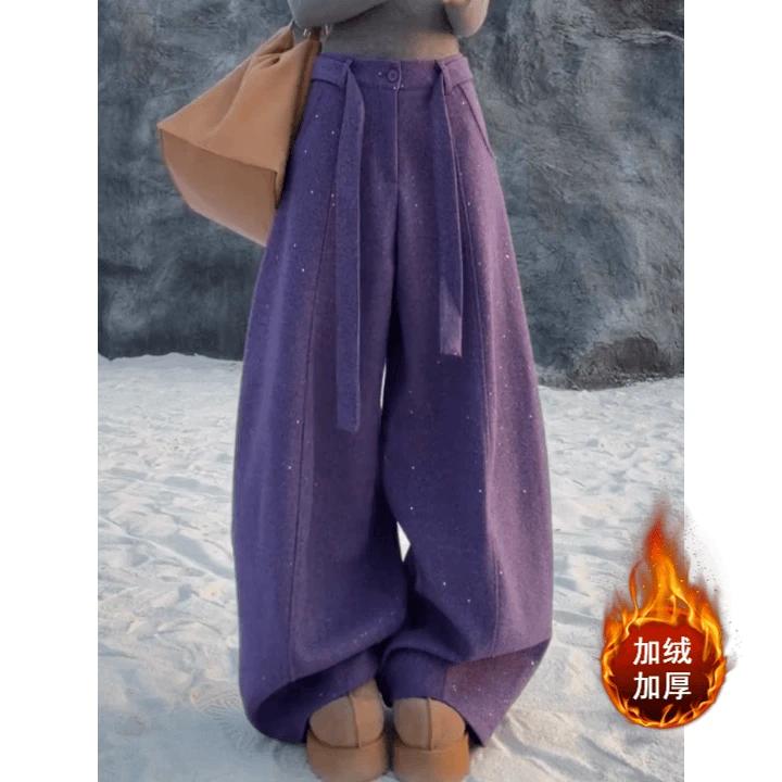 秋冬新款毛呢亮片加绒休闲裤大码女装宽松显瘦洋气时髦减龄阔腿裤