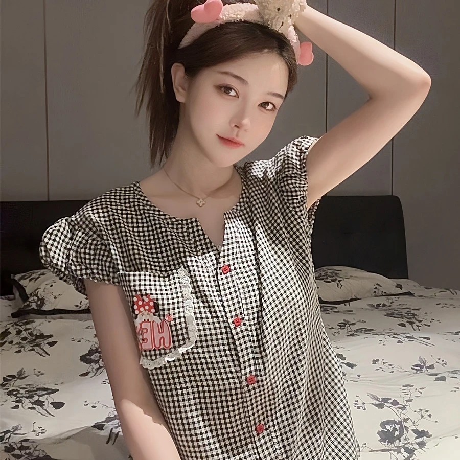SIEOYJIEA/私迹大榕家viki【格子米妮泡泡款短袖】女款家居服套装