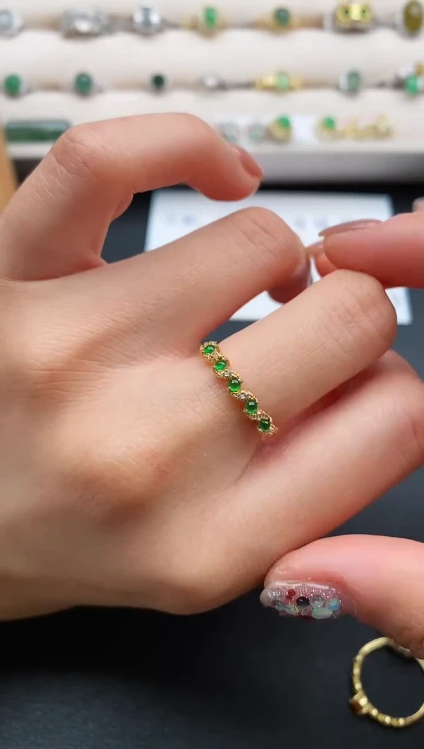 银S925镶嵌戒指翡翠缅甸天然A货翡翠22  5-7