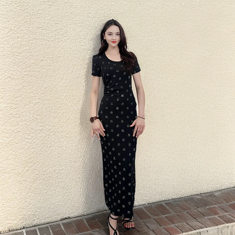 9919字母烫钻短袖气质时尚休闲通勤日常修身女装连衣裙