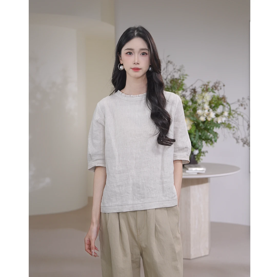 EIN/言文艺轻舒亚麻木耳花边圆领造型感泡泡袖短上衣25夏新款