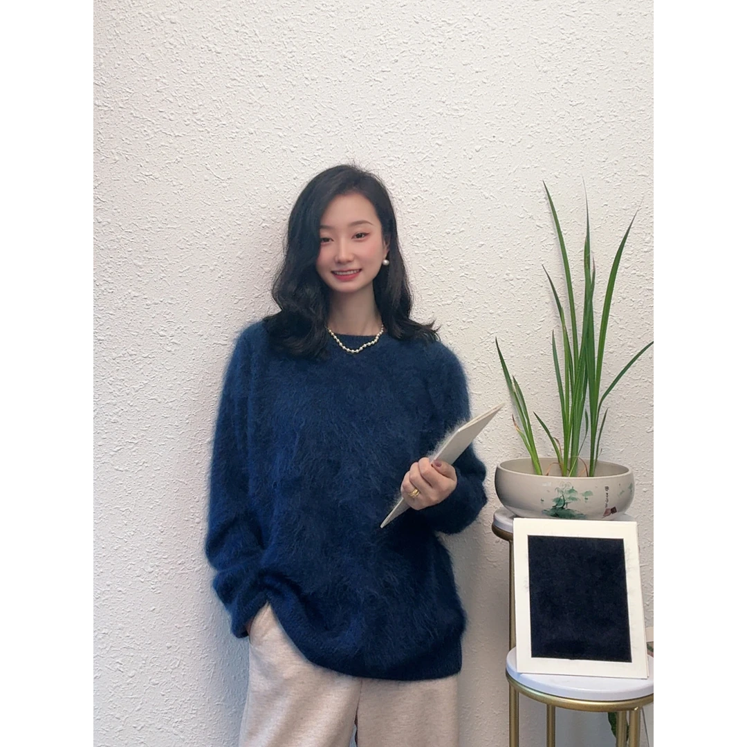 北沐【超细腻羊绒手感】花纱圆领水洗拉绒长绒羊绒衫上衣