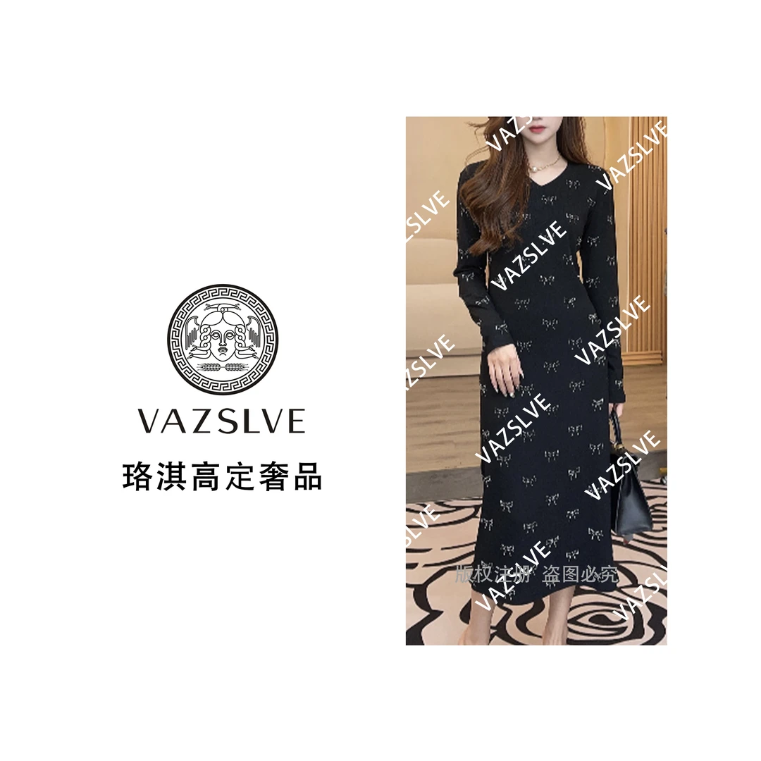 【VAZSLVE/珞淇高定】2025早秋款御姐V领蝴蝶节烫钻连衣裙Q24CL1852