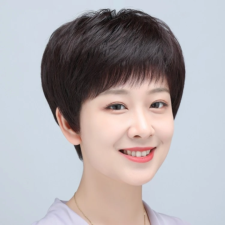 芙发假发全头套女真人发丝自然短直发假发套中老年假发100%全真发