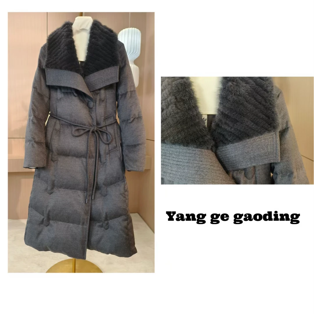 90白鹅绒水貂毛翻领时尚薄款常规款冬季中长款长款厚款女55120