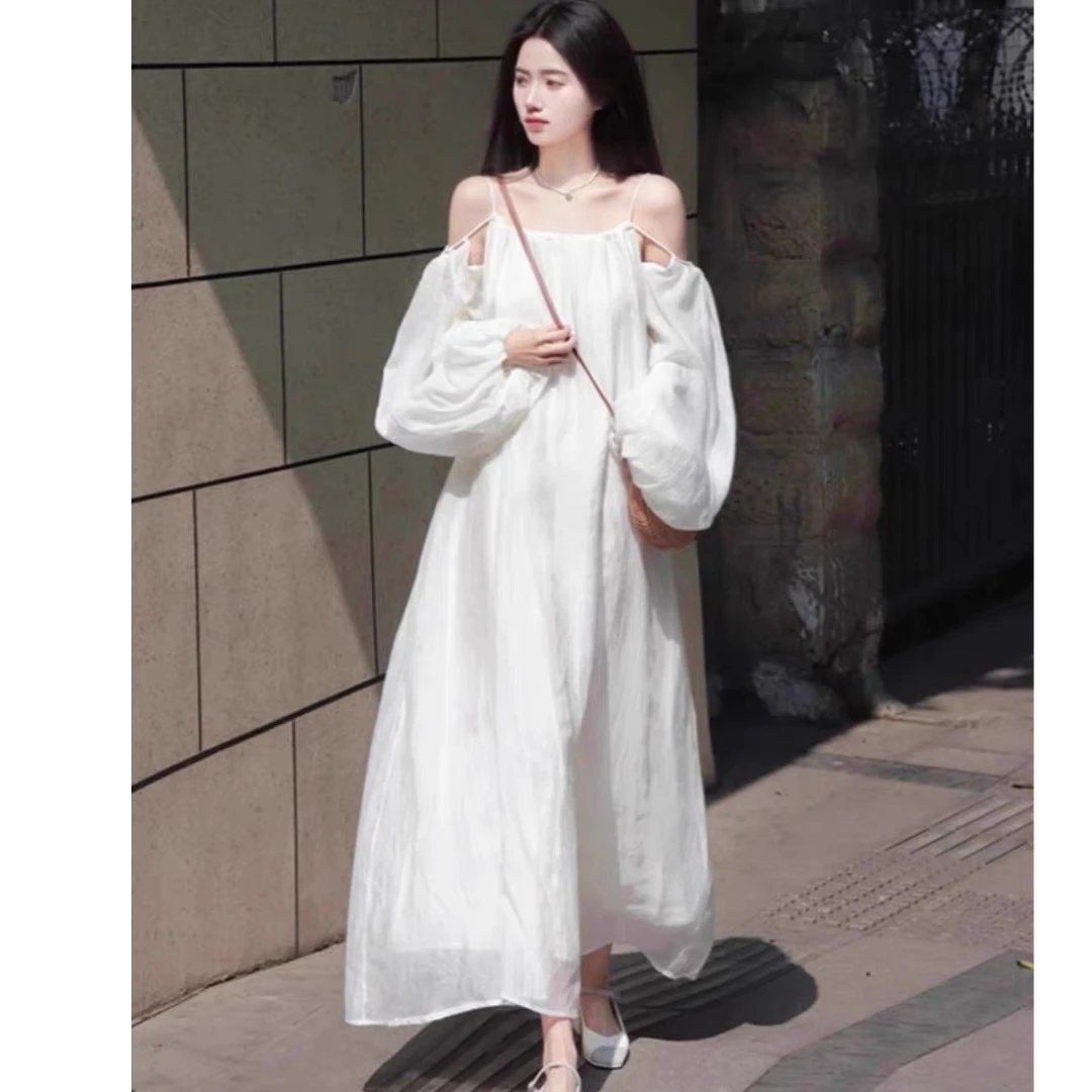 I4344露肩雪纺吊带连衣裙仙女超仙海边度假沙滩宽松气质长裙Z344