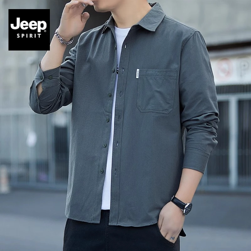 JEEP吉普纯棉男士长袖衬衫春秋季商务休闲宽松工装上衣外套衬衣男