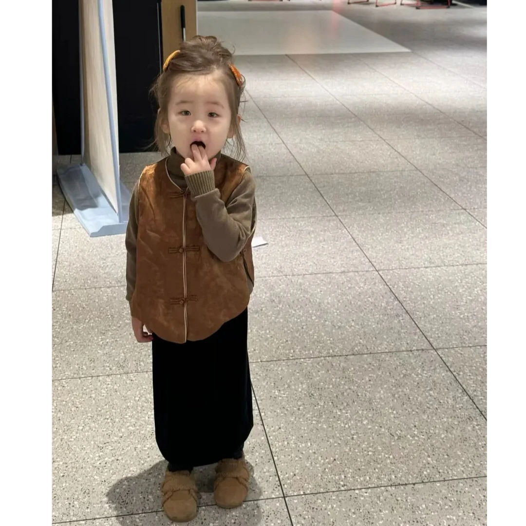 现货壹妈女童拜年服套装春秋儿童洋气新中式夹棉马甲高领毛衣半裙