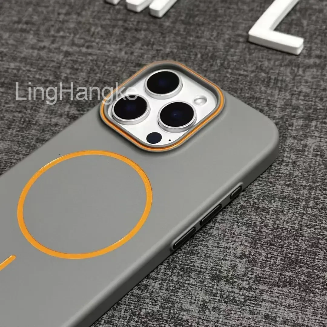 简约撞色镜框适用苹果16promax磁吸手机壳15磨砂防摔14/13时尚硬