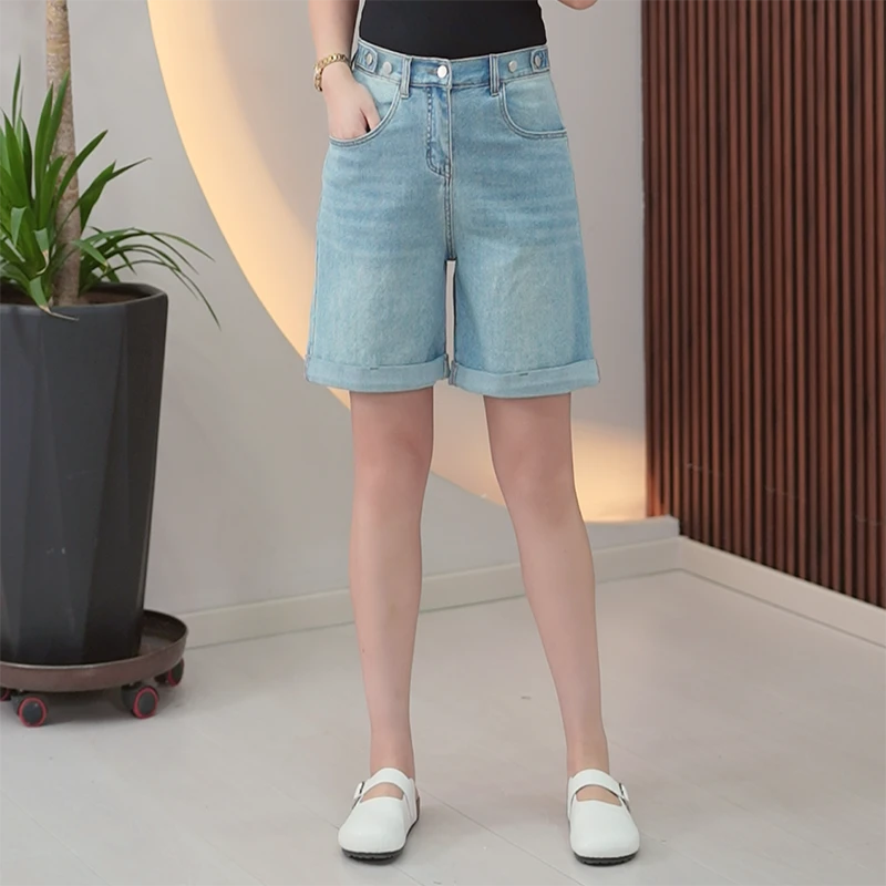 遮胯遮腿一键拉腿软牛仔短裤女大码高弹夏季可调腰身挽边五分裤