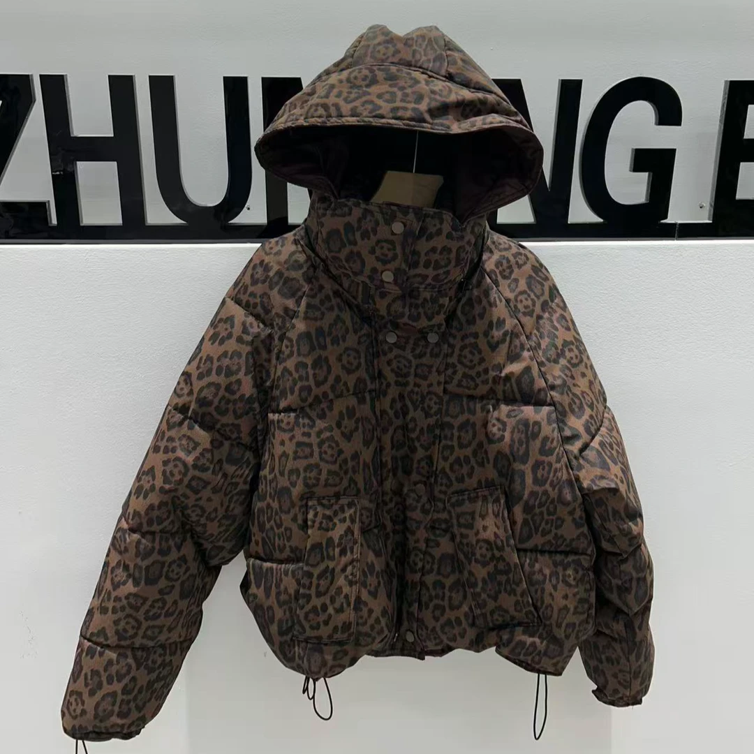 【帽子可拆卸】豹纹短款棉服外套