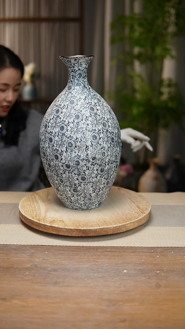 【闪购商品】陶瓷  花器青花瓷向日葵保龄球瓶