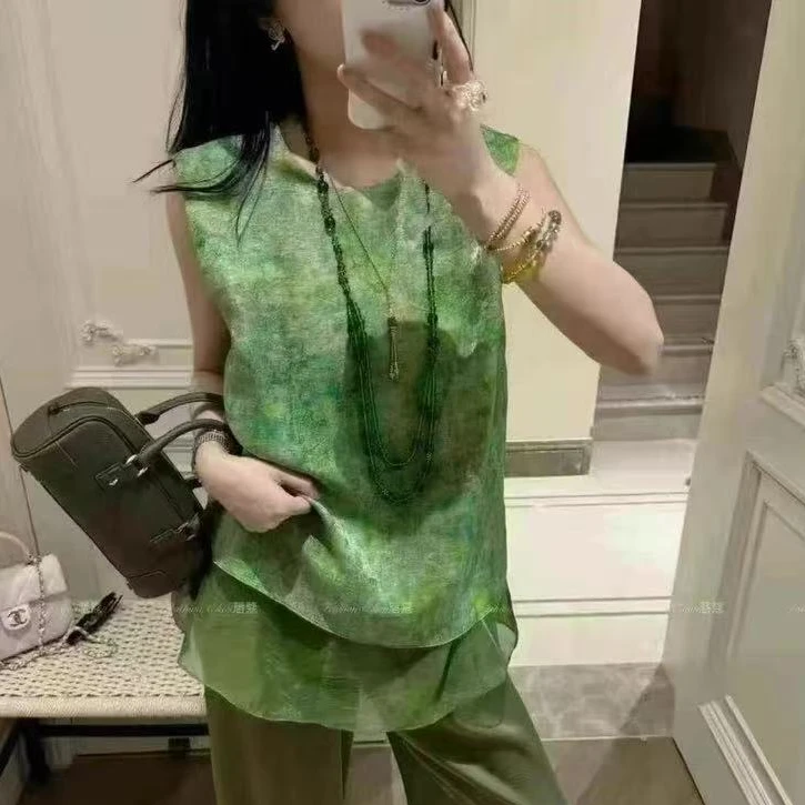 【锦衣服饰】SSJ 25319韩系扎染网纱拼接圆领无袖衫