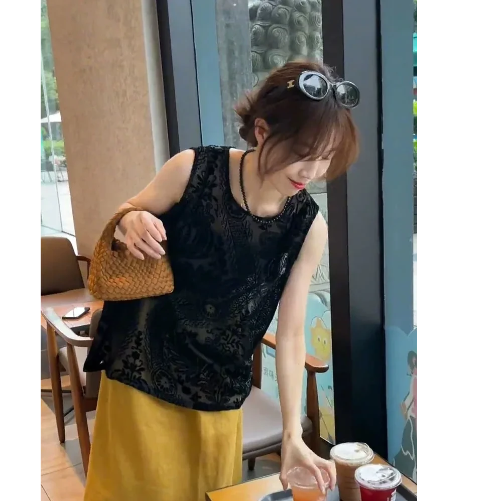时尚夏季新款法式小香风植绒网纱女装设计感小众无袖宽松背心显瘦