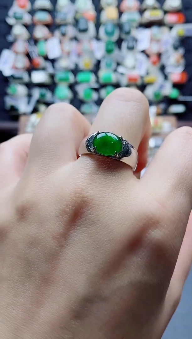 银S925镶嵌戒指翡翠天然翡翠A货男戒
