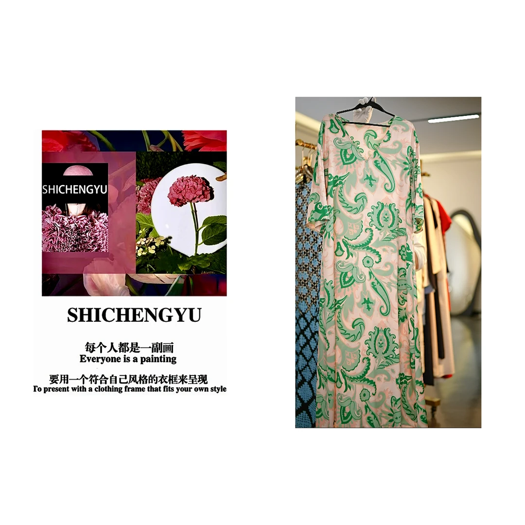 D007时尚设计师新款绿色印花时尚休闲女士V领连衣裙