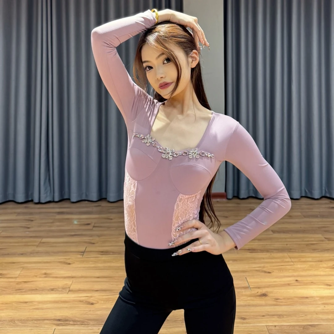 烁舞服拉丁舞遮肉显瘦百搭多色钻扣上衣舞蹈服秋冬长袖