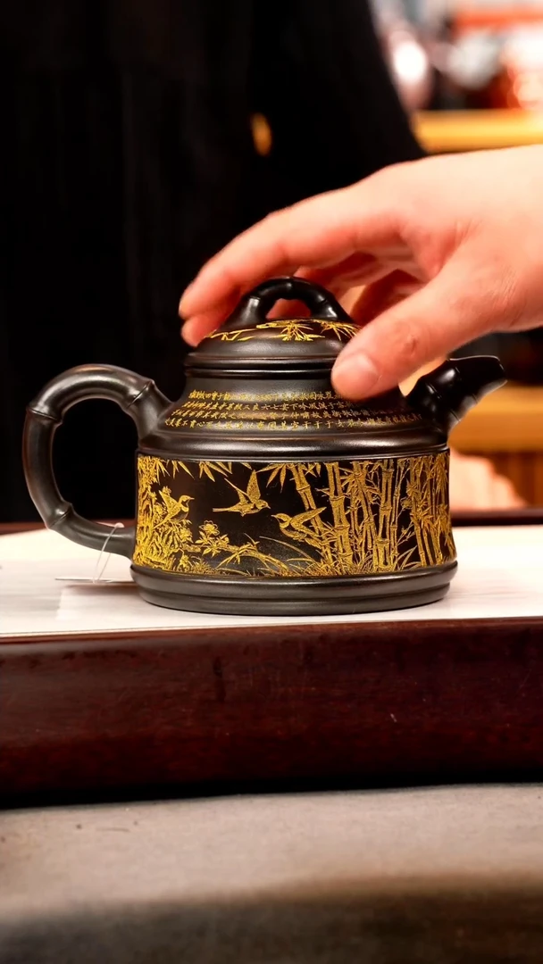 茶壶紫砂石黄 竹鼎 燕子图 描金