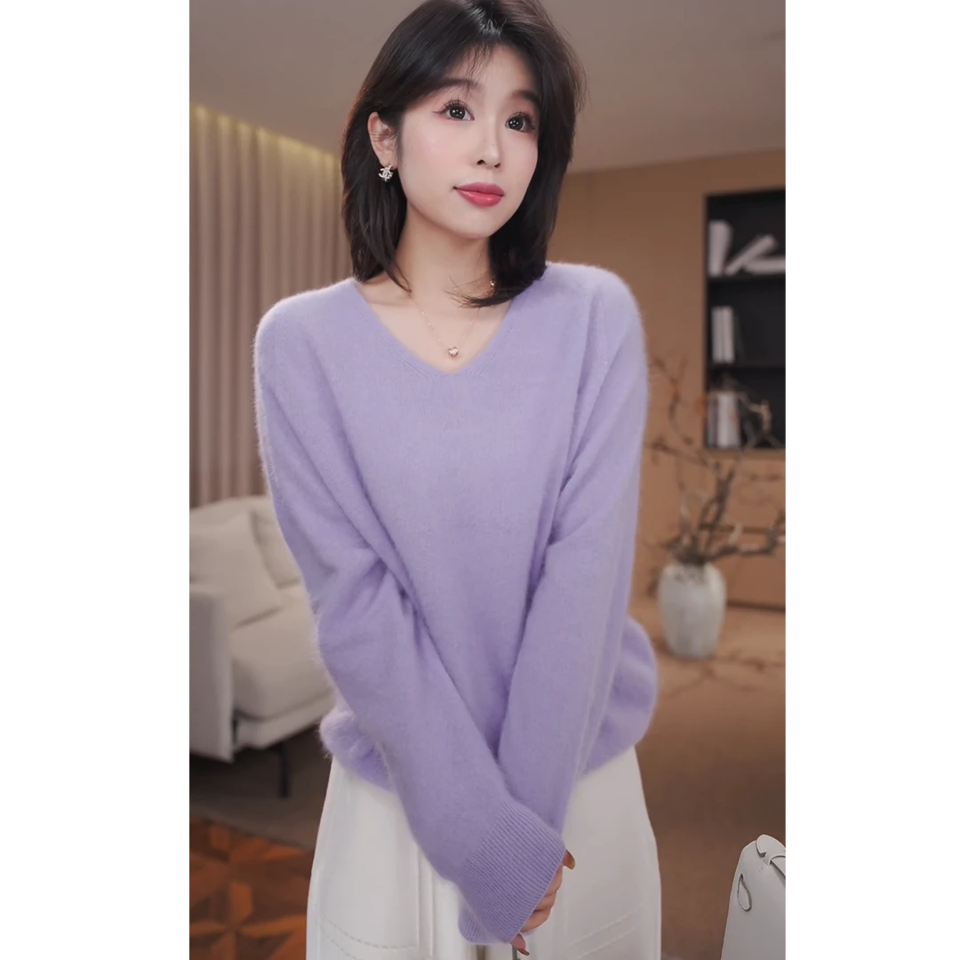 广州琴姐【香芋紫阶】绵羊毛山羊绒V领高级感拉绒毛衣女秋冬0862