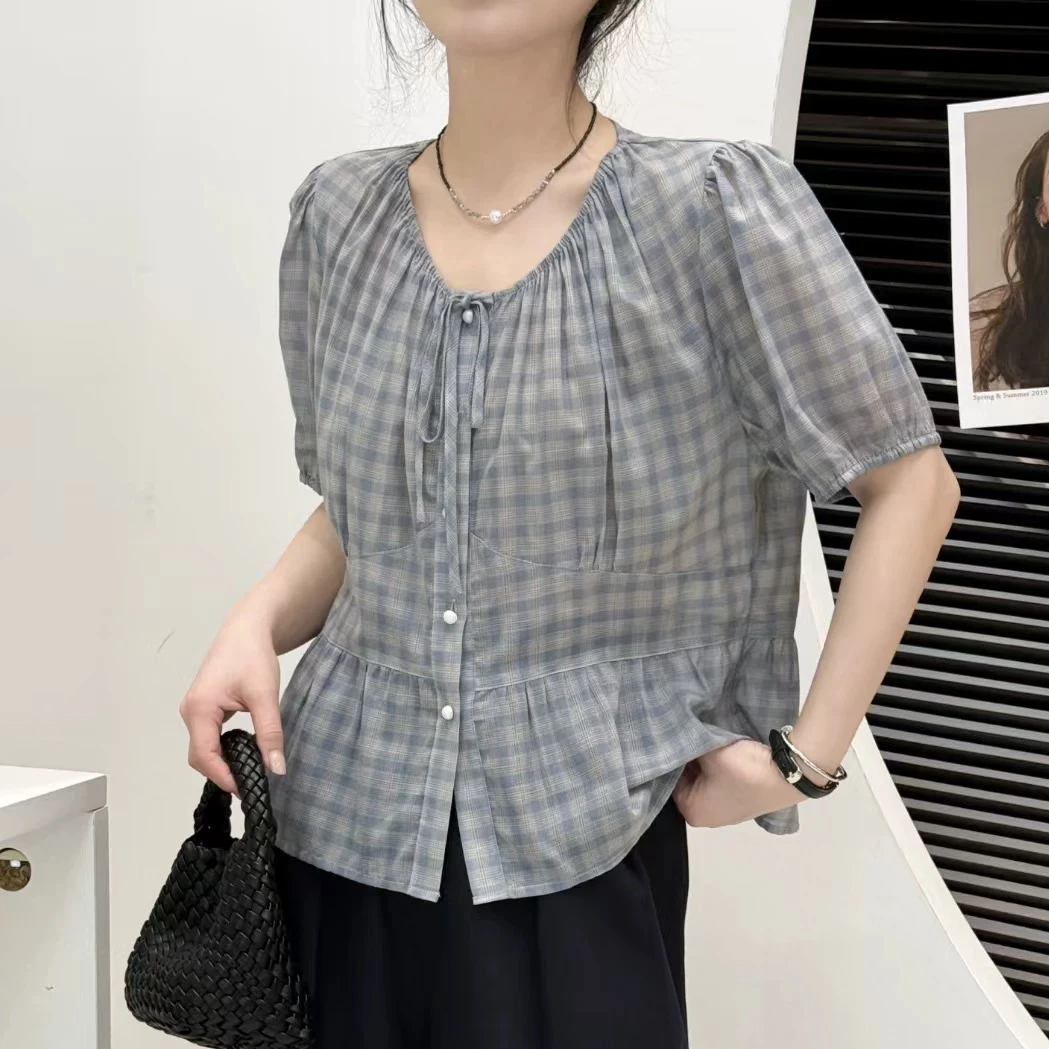 「蓝格子 法式小衫」亲肤透气100%棉 夏季薄款系带短袖衬衫女S092