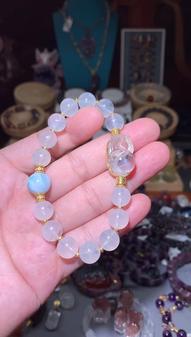 水晶珠宝半成品未镶嵌依*๓蓝针貔貅海纹手串
