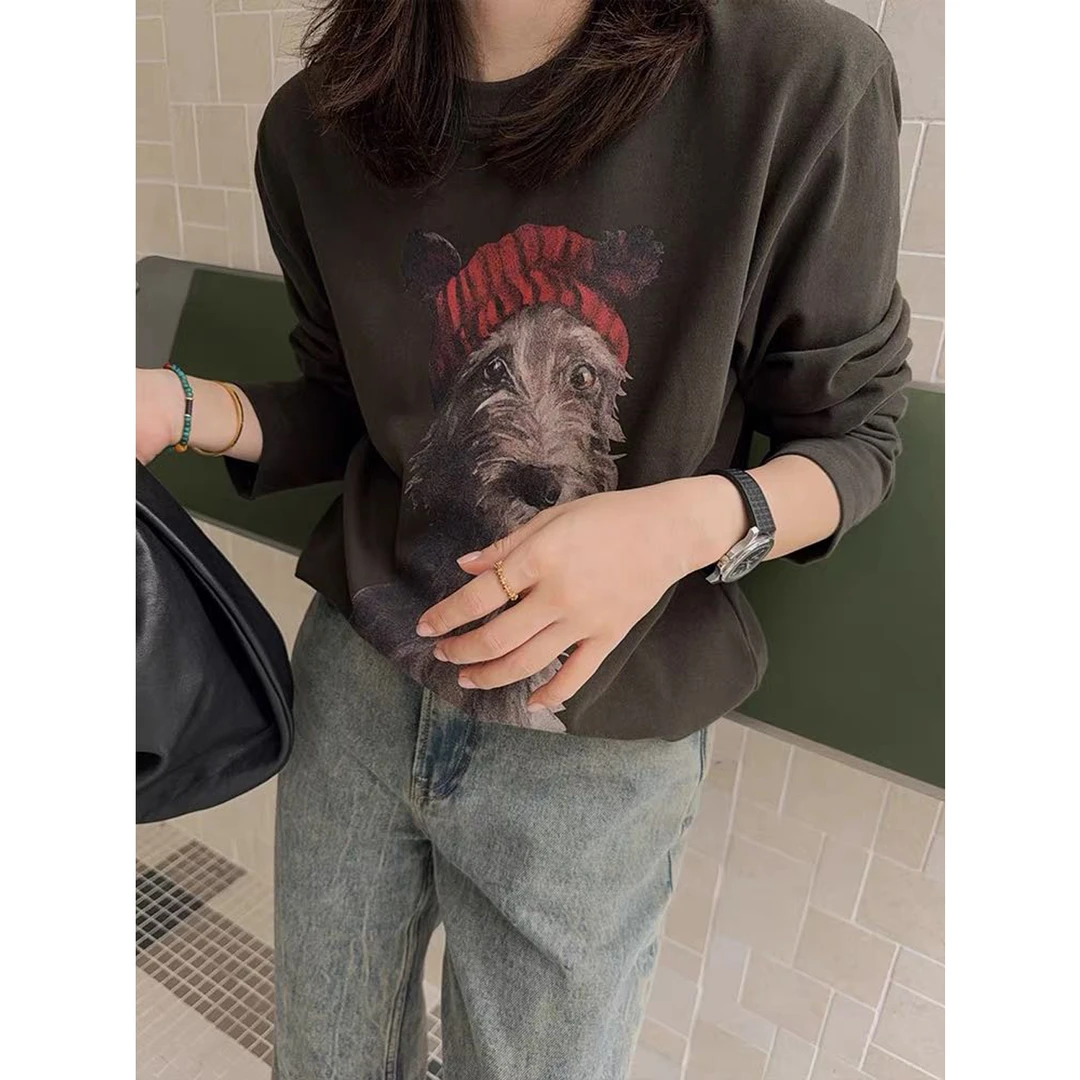 慵懒松弛显瘦 复古水洗酷狗印花长袖T恤 XA-XT5162