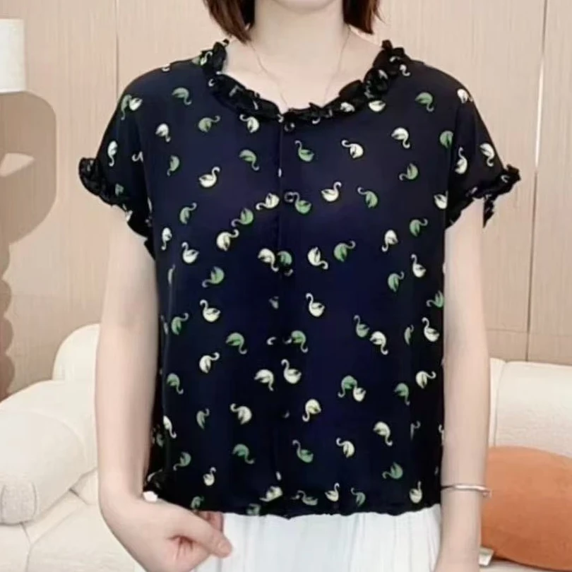 夏季新款时尚洋气轻薄小衫女气质百搭减龄遮肚子显瘦短袖T恤上衣