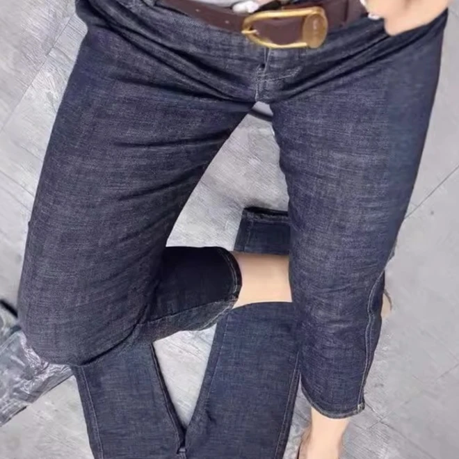 大码女装薄款小个子高腰百搭直筒牛仔裤胖mm弹力显瘦九分烟管裤