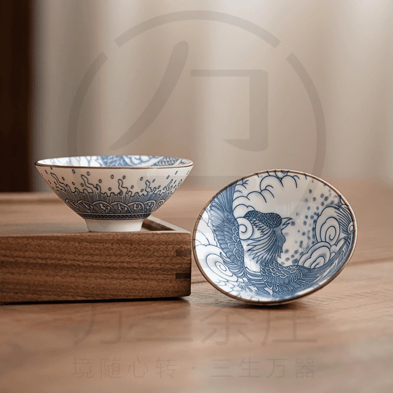 国潮新款75ml青花斗笠杯茶杯陶瓷杯家用功夫茶杯主人杯茶茶道用品