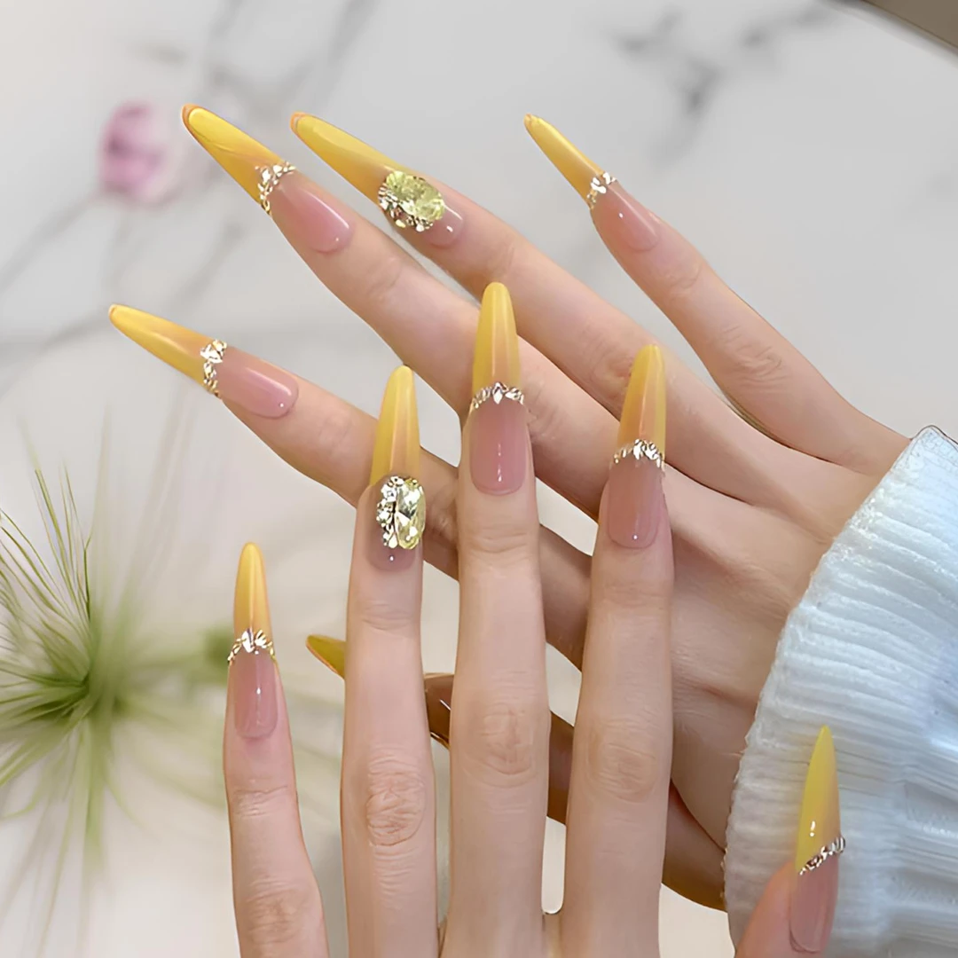 长款手工穿戴甲气质法式贴钻黄色爆闪美甲杨枝甘露可拆卸光疗甲片