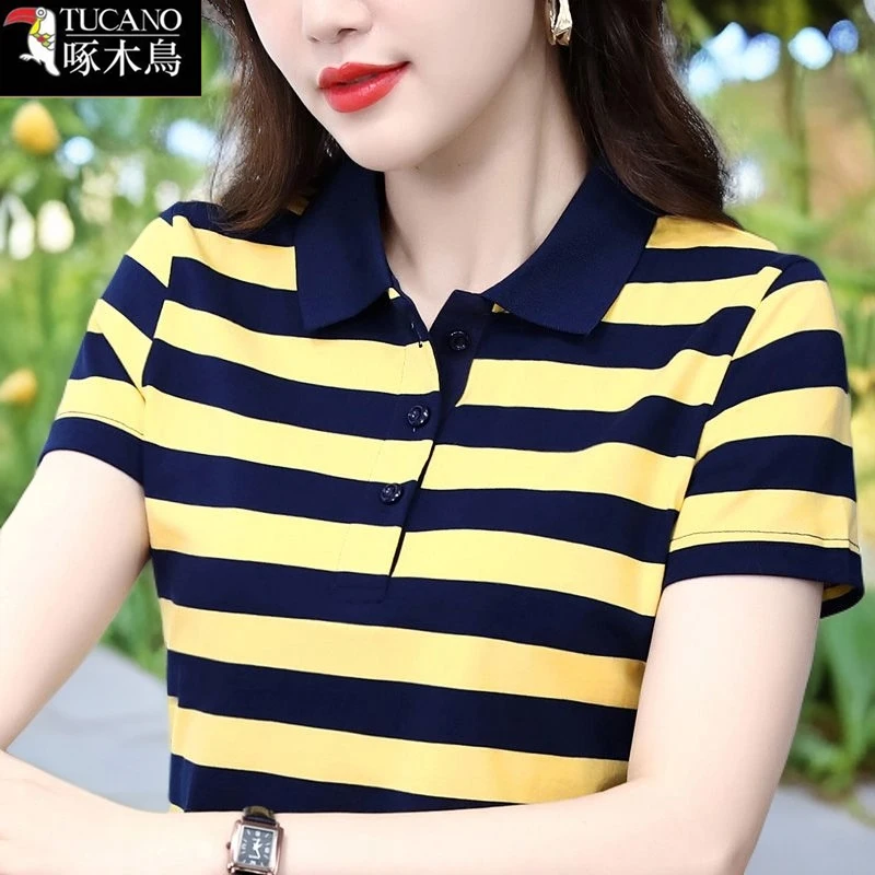 啄木鸟夏季POLO领T恤女条纹短袖2025年新款韩版显瘦拼接打底上衣