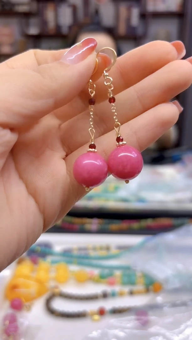 【闪购商品】菱锰矿（红纹石）耳坠14K金镶嵌E613