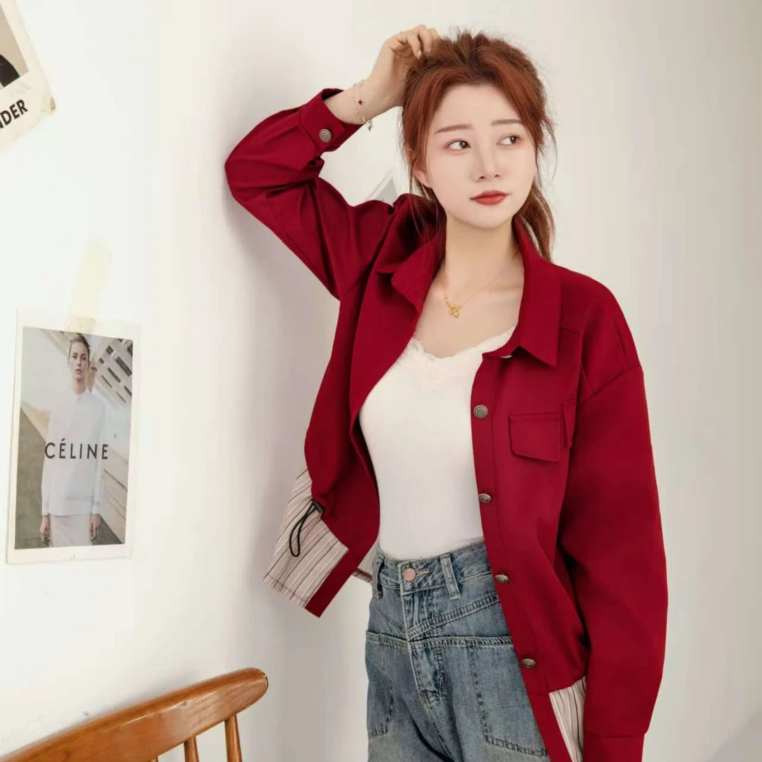 2025新款春季假两件拼接休闲洋气时尚减龄衬衣短外套