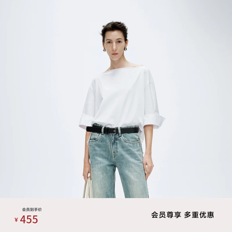 edition春款T恤女拼接衬衫袖白色纯棉短袖上衣#EBD1TOPT08