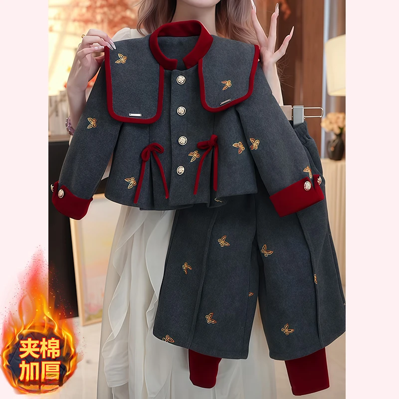 女童格子夹棉小香风外套七分阔腿裤套装2025新款秋冬加厚呢子棉服