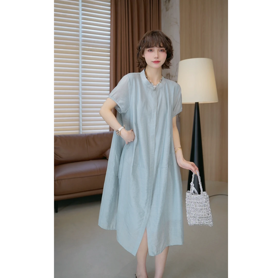 货价货【薇薇绮】天丝亚麻高级感时尚显瘦减龄短袖连衣裙 D610