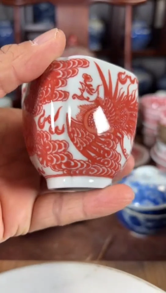 柴窑釉里红四方龙凤纹杯杯